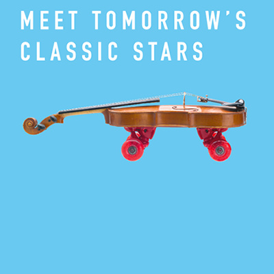 Schriftzug Meet tomorrow's classic stars, darunter eine Geige mit Skateboard-Rädern