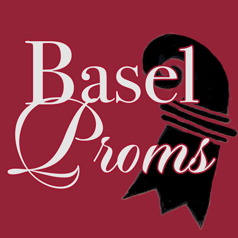 Weinroter Hintergrund mit schwarzem Baselstab und Schriftzug Basel Proms