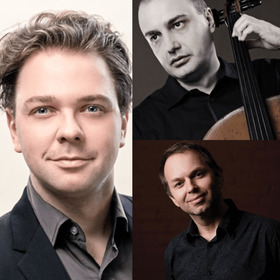 Collage aus drei Bildern: Geiger Alexander Sitkovetsky, Cellist Denis Severin, Pianist Eldar Nebolsin