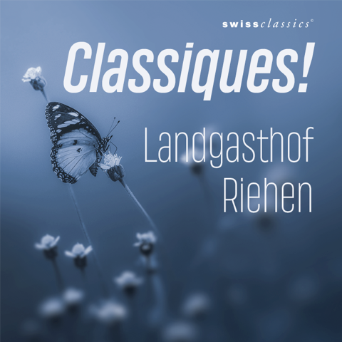 Bild eines Schmetterlings auf einer Blumenwiese, darüber die Schriftzüge swissclassics, Classiques! und Landgasthof Riehen