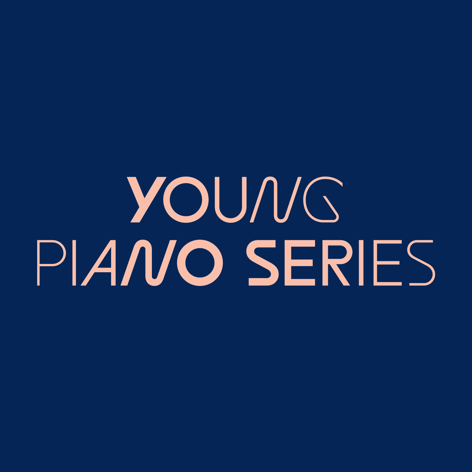 Lachsfarbener Schriftzug Young Piano Series auf navy-blauem Hintergrund