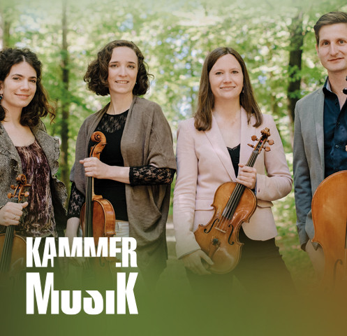 drei junge Frauen mit Geigen bzw. Bratsche und ein junger Mann mit Cello, in Waldlichtung